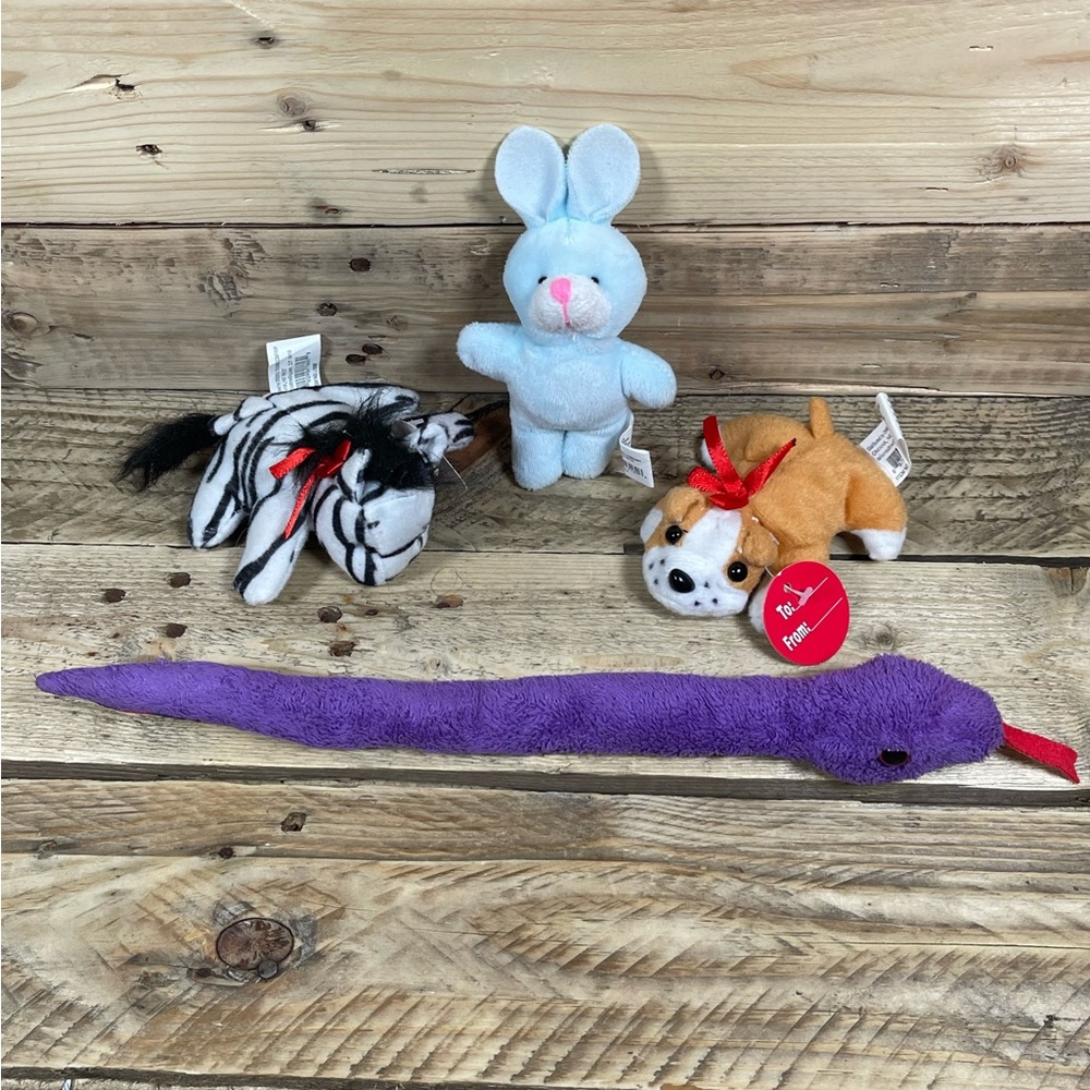 4x Oriental Trading Company Beanie Plush Zebra Bunny Dog Snake Mini Animal Lot